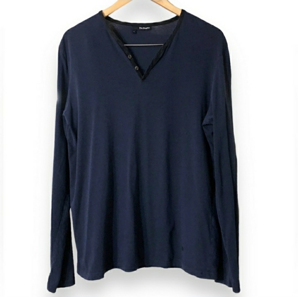 THE KOOPLES Navy Blue Leather Trim Two Button Henley EUC! - Picture 1 of 8